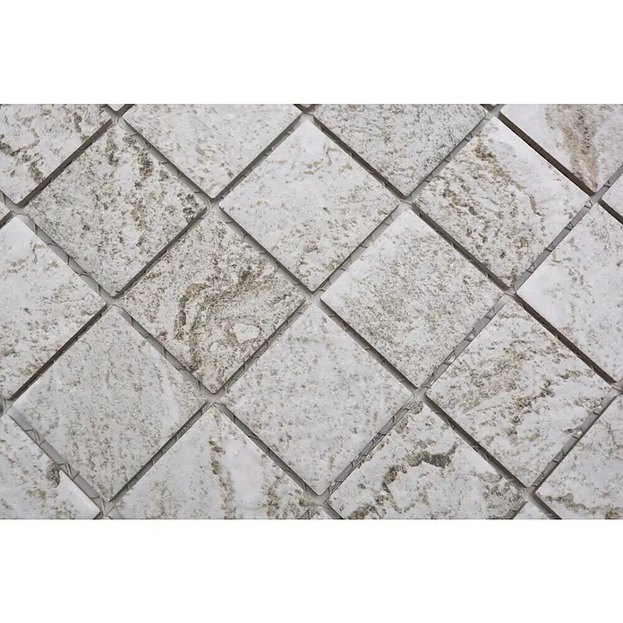 Mosaikfliese Quadrat HWA 4LG - 29,8 x 29,8 cm, Beige/Hellgrau, Matt - Nahaufnahme von weißen Mosaikfliesen mit gesprenkelter Textur, die ein raffiniertes und elegantes Design für Innenräume bieten.