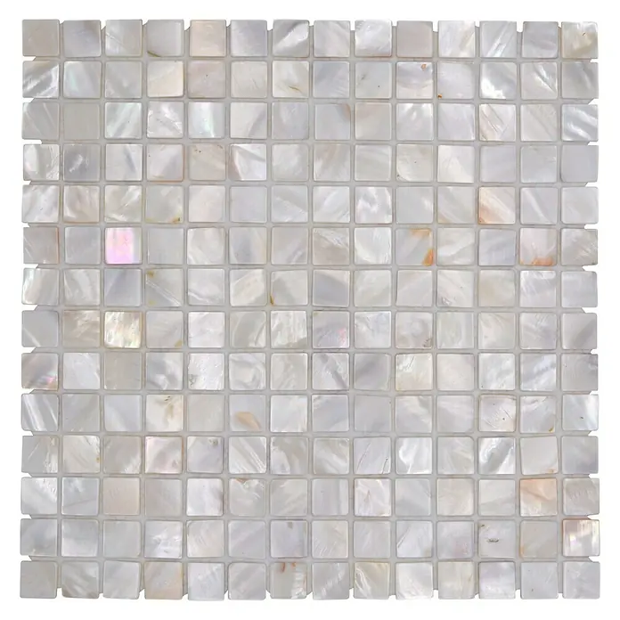 Mosaikfliese Quadrat Mix SM 201 - 30,5 x 30,5 cm, Perlmutt, Glänzend - Nahaufnahme eines Mosaiks aus kleinen, quadratischen Perlmuttfliesen, die ein schimmerndes und elegantes Muster erzeugen.