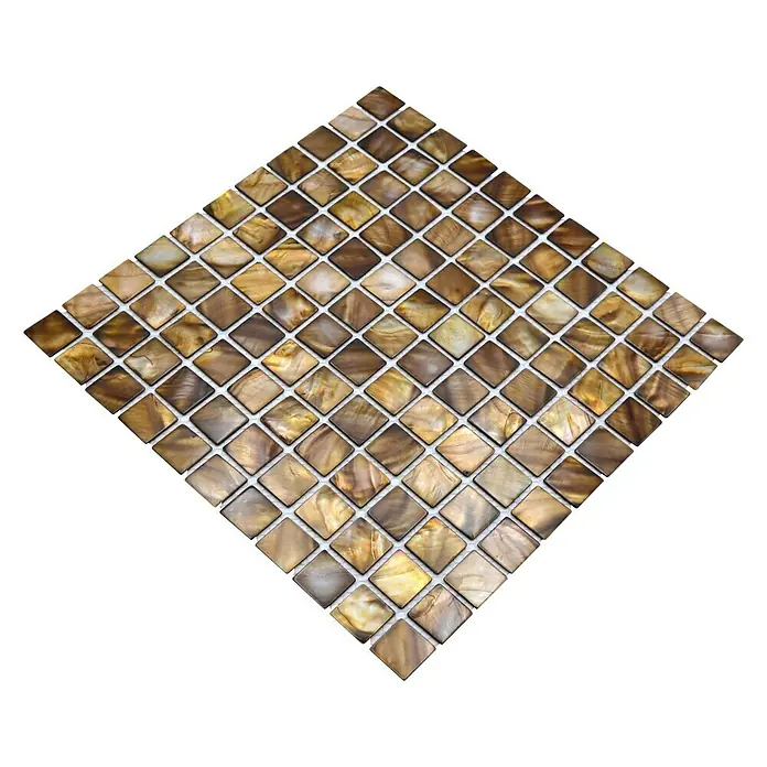Mosaikfliese Quadrat Mix SM 2569 - 30 x 30 cm, Beige/Braun, Glänzend - Quadratisches Mosaikmuster mit schimmernden, braunen und goldenen Farbtönen, ideal für elegante Wand- und Bodenakzente.
