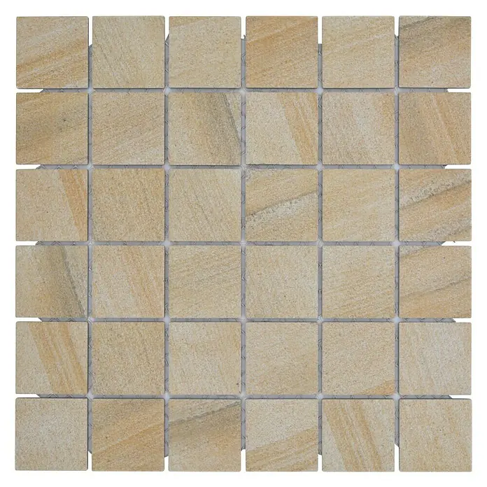 Mosaikfliese Quadrat AI SO 98 - 29,8 x 29,8 cm, Beige, Matt - Nahaufnahme der beigen Natursteinmosaikfliese, ideal für Wand- und Bodengestaltung in Bad und Küche mit natürlicher Optik.