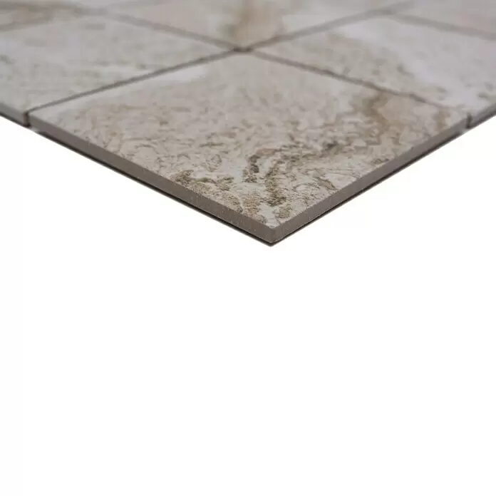 Mosaikfliese Quadrat HWA 9LG - 29,8 x 29,8 cm, Hellgrau, Matt - Beigebraune, marmorierte Keramik-Bodenfliesen, zeigt Textur und Kante.