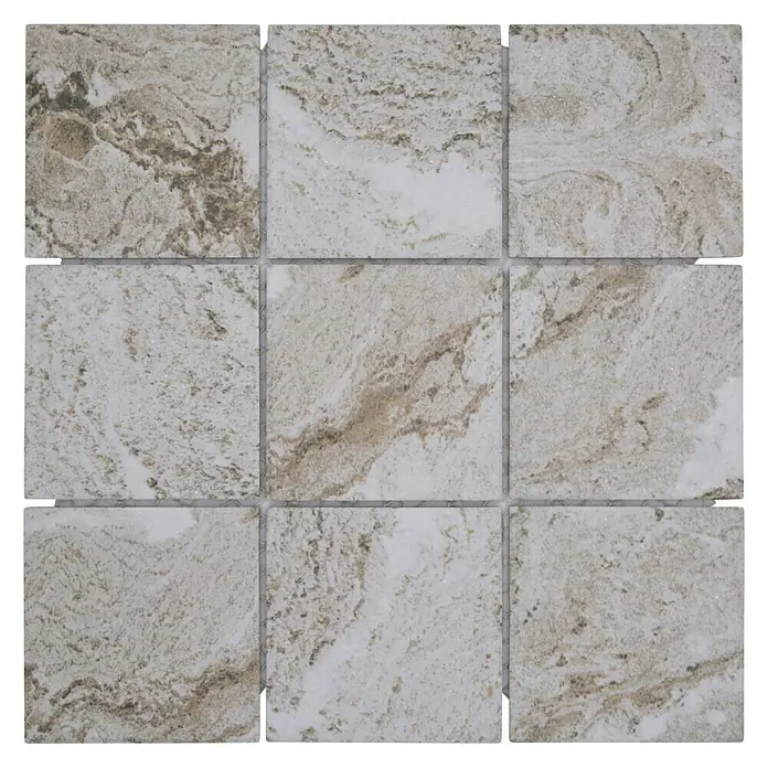 Mosaikfliese Quadrat HWA 9LG - 29,8 x 29,8 cm, Hellgrau, Matt - Nahaufnahme von neun beigen Marmorfliesen mit einzigartigen Mustern.
