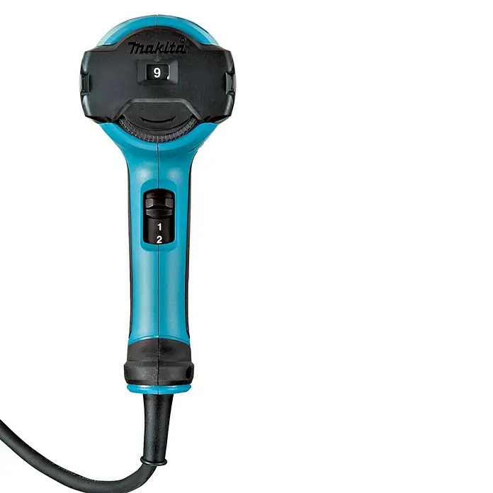 Makita Heißluftgebläse HG5030K - 1.600 W, Temperaturbereich: 350 °C - 500 °C - Nahaufnahme einer blauen Makita Heißluftpistole mit schwarzen Bedienelementen und Kabel.