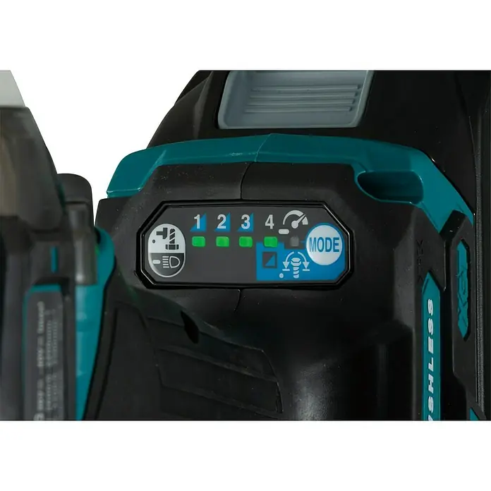 Makita XGT 40V max. Akku-Schlagschrauber TW004GZ - 40 V, Ohne Akku - Detailaufnahme des Modus-Auswahlbereichs einer Bohrmaschine, der verschiedene Geschwindigkeiten und Einstellungen anzeigt.