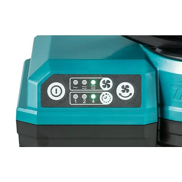 Makita LXT 18V Akku-Ventilator DCF203Z - 18 V, 110 V - 240 V, Ohne Akku, Luftmenge: 8,2 m³/min - Bedienfeld eines teal-schwarzen Geräts mit Leistungs-, Lüftergeschwindigkeits-/Modus- und Timer-Einstellungen mit beleuchteten LEDs.