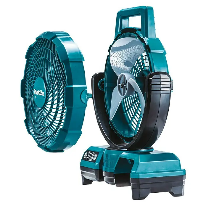 Makita LXT 18V Akku-Ventilator DCF203Z - 18 V, 110 V - 240 V, Ohne Akku, Luftmenge: 8,2 m³/min - Akkubetriebener Makita Ventilator, ideal für Baustellen und den mobilen Einsatz, in auffälligem Türkis und Schwarz.