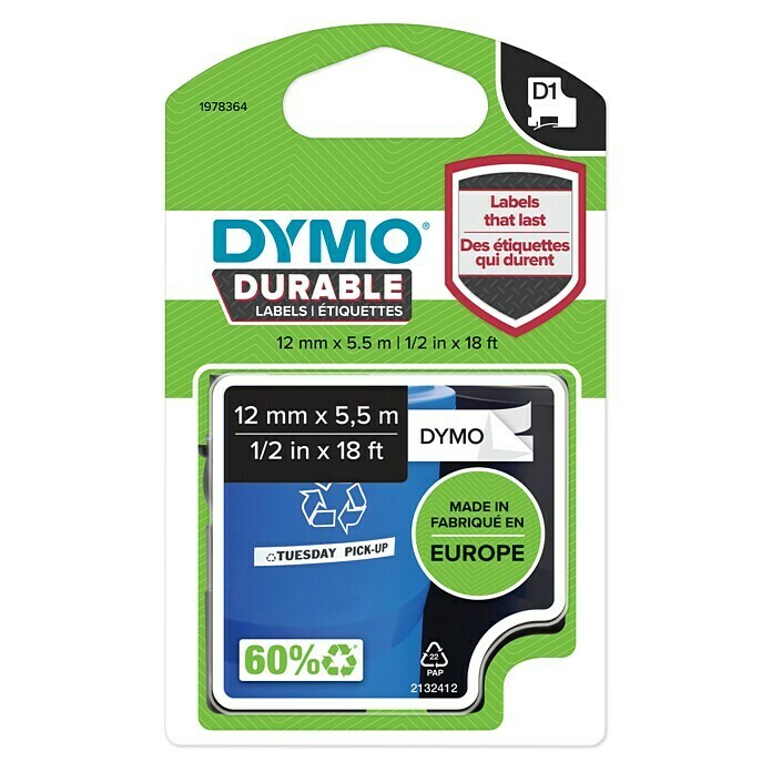 Dymo Cinta para etiquetado (5,5 m x 12 mm, Color presión: Negro, Color cinta: Blanco, Vinilo)