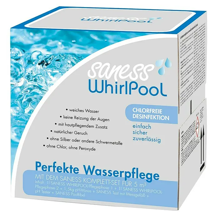 Saness Starter-Set WhirlPool - 6 -tlg. - Abbildung einer Saness Whirlpool-Wasserpflegebox. Das Set enthält alles für die perfekte Wasserpflege bis 5 m³.