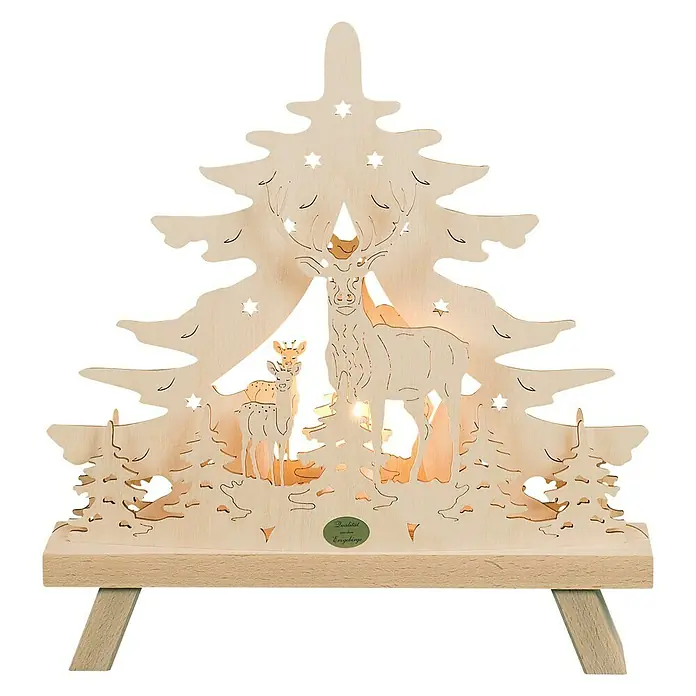 LED-Weihnachtsdekoleuchte Rehe - 6 x 30 x 30 cm, Natur, Netzbetrieben, Glühlampe - Festliche Weihnachtsbaum-Szene mit Hirschfamilie, eine bezaubernde hölzerne Weihnachtsdekoration mit warmem Licht.