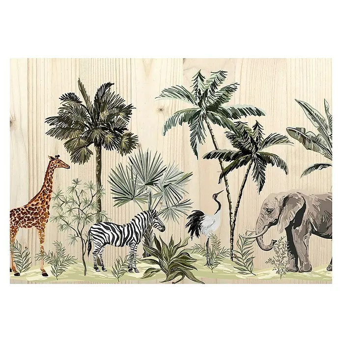 Armario de contadores madera Jungla - Animales, 50 x 35 cm, Multicolor - Arte mural con temática de jungla: Jirafa, cebra, elefante y plantas exóticas sobre fondo de madera clara. Ideal para habitaciones.