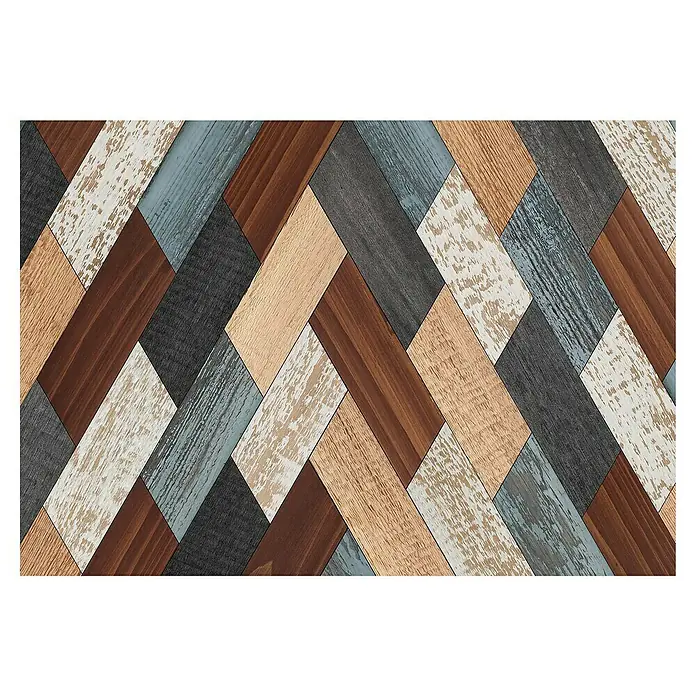 Armario de contadores madera Geométrico - Geométrico, 50 x 35 cm, Marrón - Revestimiento de pared estampado con paneles de madera dispuestos diagonalmente en varios colores y texturas para una estética rústica.