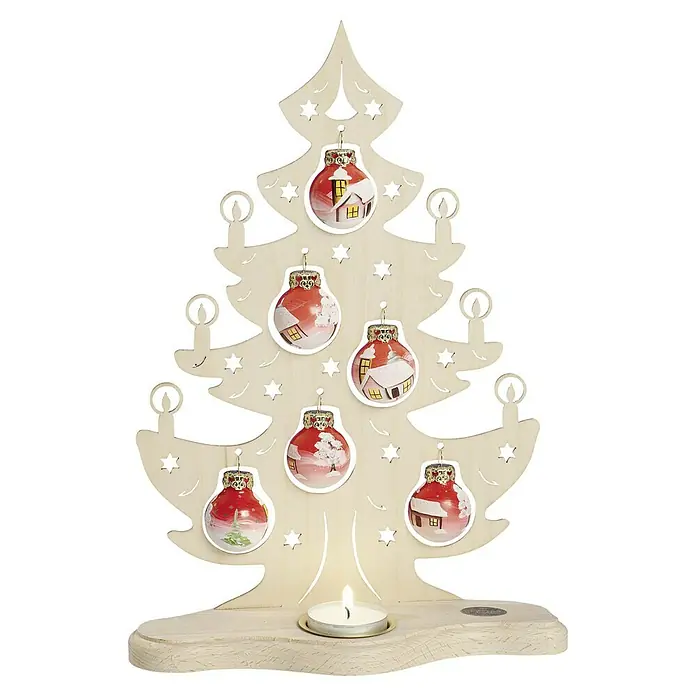Teelichthalter Tannenbaum mit Glaskugeln - L x B x H: 8,5 x 21 x 30,5 cm - Weihnachtsbaum aus Holz mit Teelichthalter und bemalten Christbaumkugeln. Festliche Dekoration für die Weihnachtszeit.