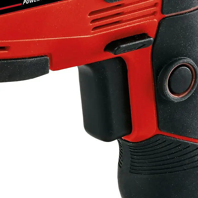 Einhell PXC 18V Taladro percutor de batería TC-ID 18 Li - Solo - 18 V, Sin batería - Primer plano de un taladro rojo y negro, destacando el mango y los botones de control.