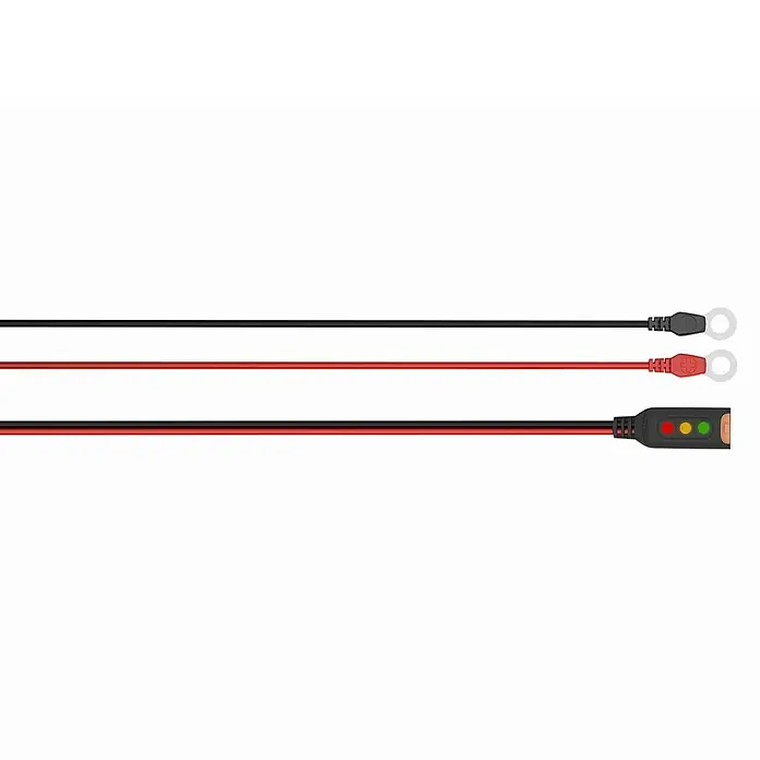 CTEK Ladezustandsanzeige CTX INDICATOR EYELET - M 8 - Das Bild zeigt ein Batterieladekabel mit Anschlussklemmen und LED-Anzeige für den Ladezustand.