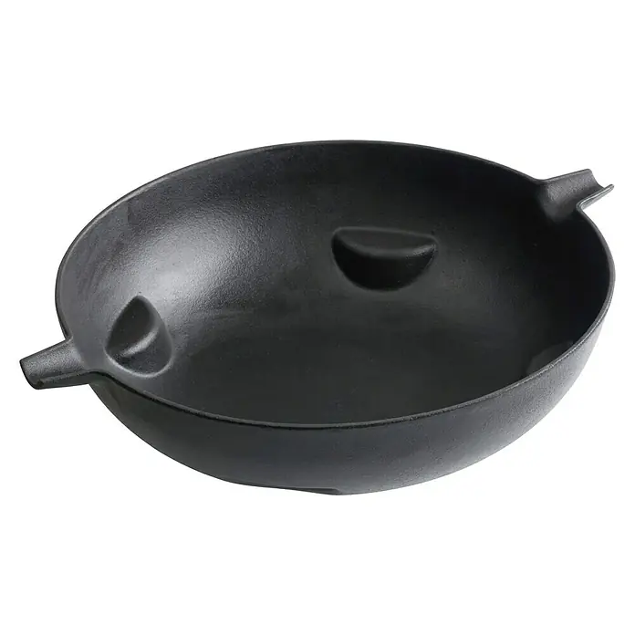 Tepro Grillwok - Ø x H: 35,3 x 10 cm - Schwarze gusseiserne Bratpfanne mit zwei Ausgießern und zwei halbmondförmigen Vertiefungen. Perfekt zum Anbraten, Backen oder Servieren von Speisen.