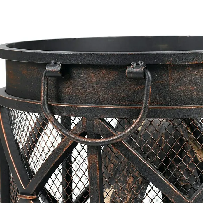 Tepro Feuerkorb Gracewood - Ø x H: 42 cm x 53 mm, Schwarz/Bronze - Nahaufnahme einer schwarzen und bronzefarbenen Feuerstelle mit Griffen und einem Gitterdesign, das ein gemütliches Ambiente verspricht.