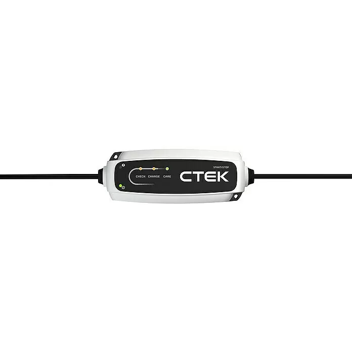 CTEK Automatik-Ladegerät CT5 START/STOP EU - Kapazität: 14 Ah - 130 Ah - Weiß-schwarzes CTEK Batterieladegerät mit beidseitigen Kabeln und Anzeigen für Prüfen, Laden und Pflege.