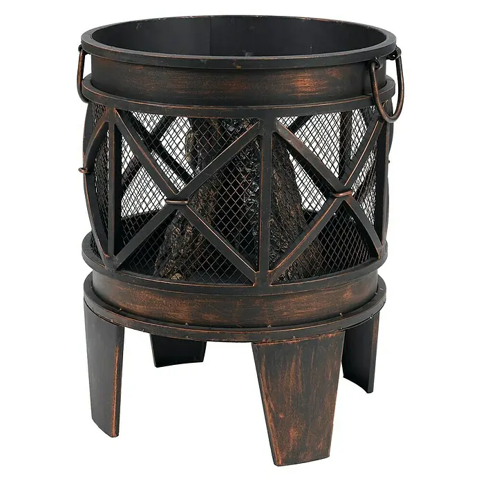 Tepro Feuerkorb Gracewood - Ø x H: 42 cm x 53 mm, Schwarz/Bronze - Hier ist eine Nahaufnahme einer stilvollen, bronzefarbenen Feuerstelle mit Metalleinfassung und Holzimitat im Inneren.