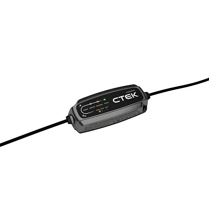 CTEK Automatik-Ladegerät CT5 Powersport EU - Kapazität: 5 Ah - 25 Ah - Grau-schwarzes CTEK Powersport Batterieladegerät mit Anzeigeleuchten und Kabeln.