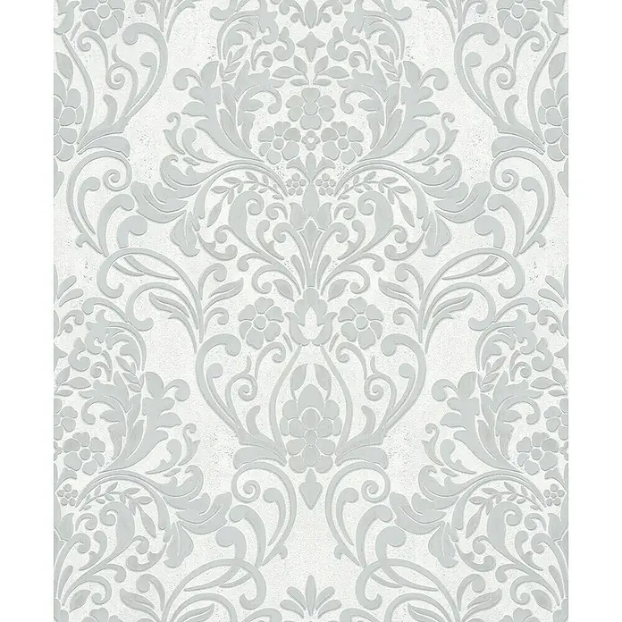 Papel pintado Damasco - Blanco, 10,5 x 0,53 m - Elegante patrón de papel tapiz de damasco en plata y blanco. El papel tapiz añade un toque de lujo y estilo a cualquier habitación.