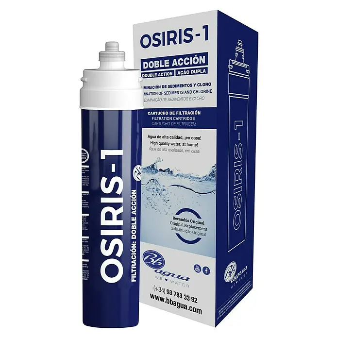 Bb agua Cartucho de repuesto Osiris 1 - Filtros de agua, Específico para: BbAgua Filtro de agua de osmosis Osiris 1 - Imagen del producto del cartucho de filtro de agua OSIRIS-1 con embalaje, destacando la doble acción, alta calidad y repuesto original.