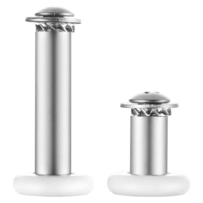 Rodamiento para mampara de ducha A60 - Plata brillo, Específico para: Mampara de ducha frontal Jemo y Majuro - Dos rodillos plateados para cabina de ducha con base blanca y un tornillo en la parte superior.
