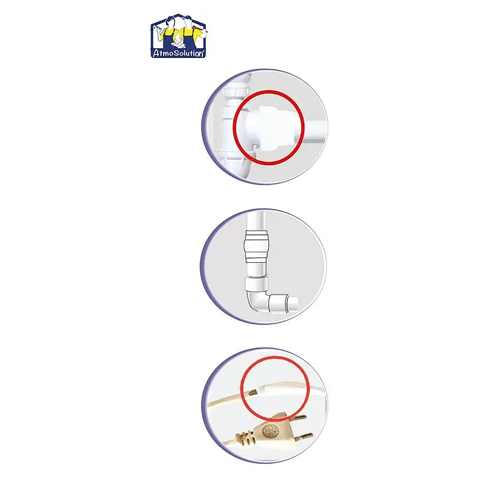 Atmos Cinta de reparación antifugas Extrem - Largo: 3 m, Blanco, Apto para: Tuberías de desagüe - La imagen muestra un acoplamiento de tubería, una sección de tubería en forma de L y un cable de alimentación dañado con un enchufe, presentados en vistas detalladas redondas.