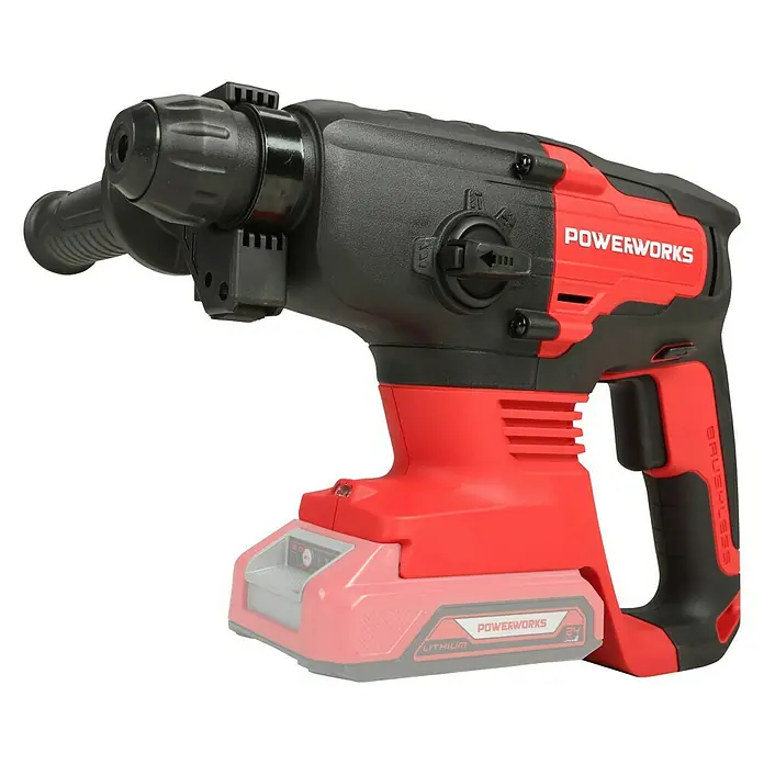 Powerworks Akku-Bohrhammer PD24SDS2 - 24 V, Ohne Akku, 2 J - Abbildung eines Powerworks Akku-Bohrhammers mit rotem und schwarzem Gehäuse.