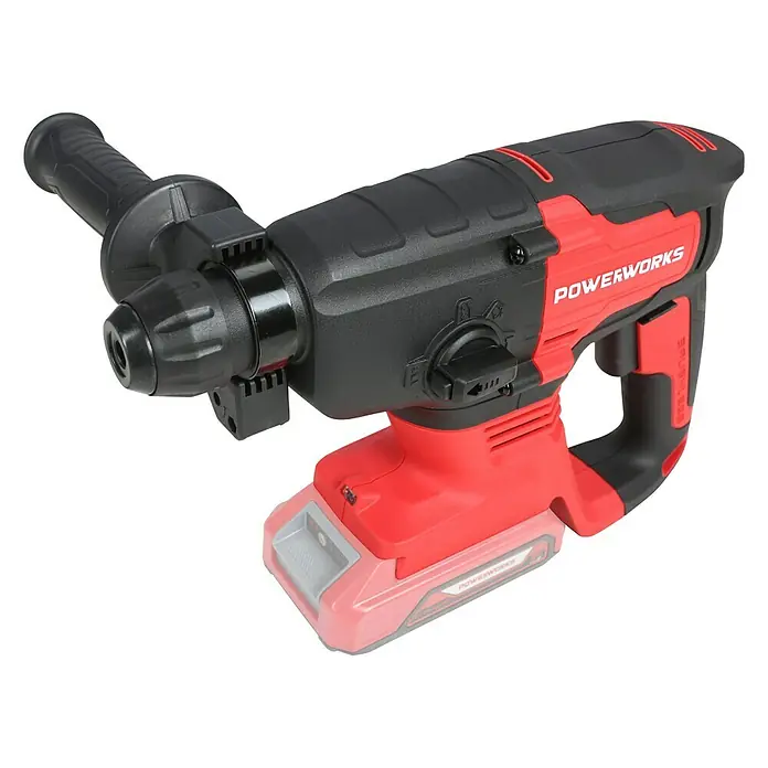 Powerworks Akku-Bohrhammer PD24SDS2 - 24 V, Ohne Akku, 2 J - Nahaufnahme eines Powerworks-Bohrhammers mit Akku, der für schwere Bohrarbeiten konzipiert ist. Das robuste Design und die ergonomischen Griffe sorgen für Komfort.