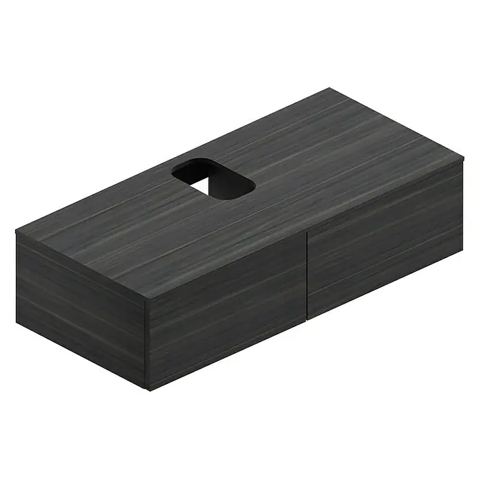 Riva Draw Waschtischunterschrank - 100 x 50 x 25 cm - Bild eines Badezimmerwaschtischs mit dunkler Holzmaserung und eingelassenem Waschbecken.