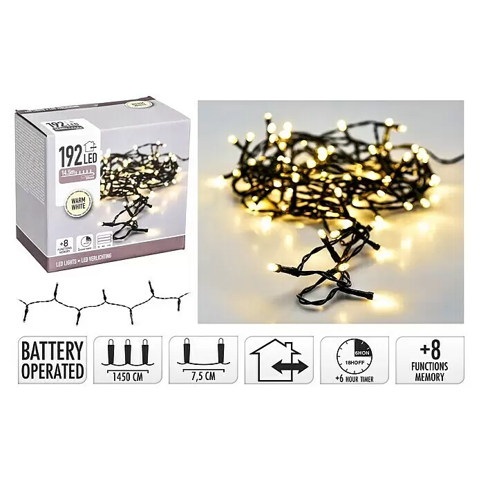 LED-Lichterkette - Außen, 15 m, Lichtfarbe: Warmweiß, Anzahl Leuchtmittel: 192 Stk., Batteriebetrieben - 192 warmweiße LED-Lichterkette, 14,5 m lang, batteriebetrieben, mit 8 Funktionen und 6-Stunden-Timer für drinnen/draußen.