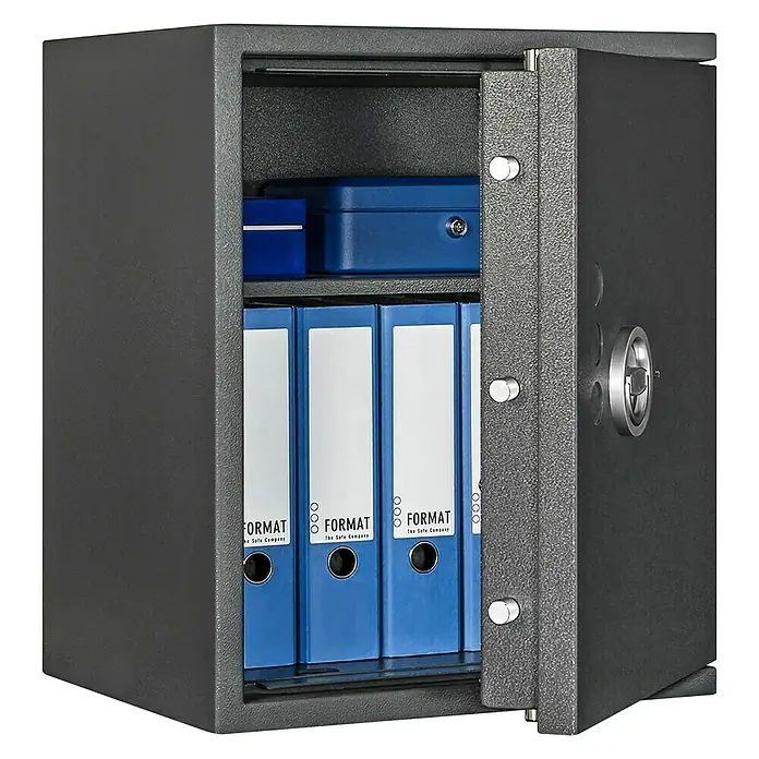 Format Wertschutzschrank Lyra 3 - Doppelbart-Hochsicherheitsschloss, L x B x H: 420 x 500 x 605 mm - Ein offener grauer Tresor mit blauen Aktenordnern und blauen Kisten. Der Tresor ist ein sicherer Aufbewahrungsort für Wertgegenstände.
