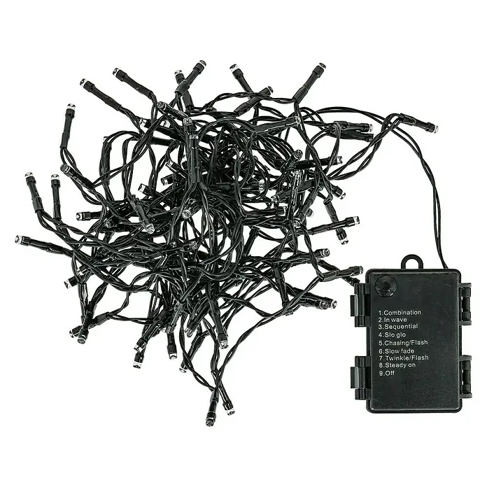 Guirnalda luminosa LED - Para exterior, 7,2 m, Color de luz: Blanco cálido, Número de bombillas: 96 ud., Funciona con pilas - Imagen de una cadena de luces con una unidad de control que ofrece varios modos de iluminación.