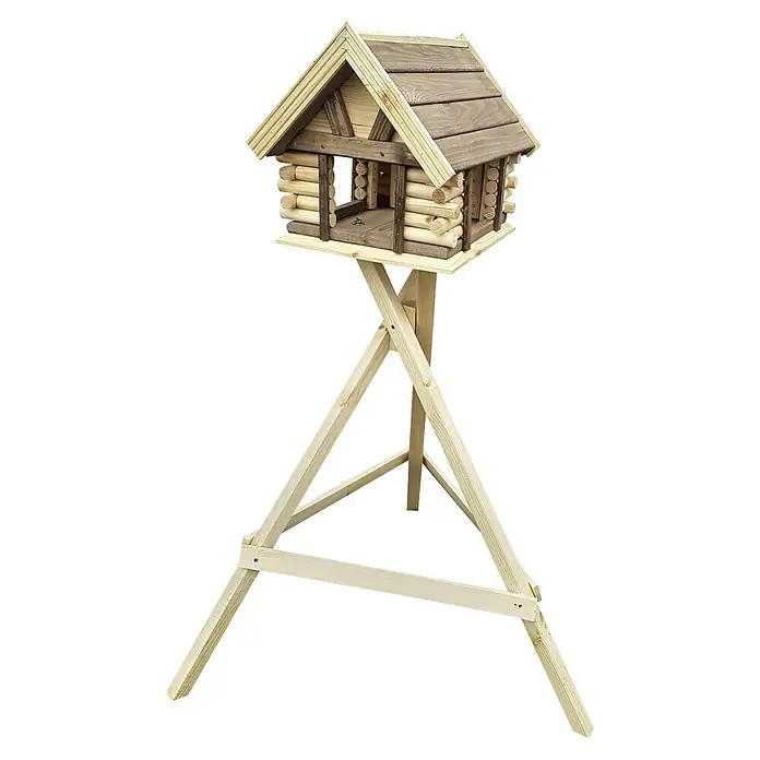 COV Vogelfutterhaus KM 2 - 37 x 38 x 45 cm, Holz - Hübsches Vogelhaus im Blockhausstil auf einem Holzständer. Das naturbelassene Holz und die Bauweise machen es zu einem Hingucker im Garten.