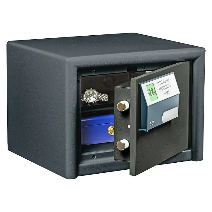 Burg-Wächter Möbeltresor Combi Line CL 410 E - Elektronisches Zahlenschloss, 380 x 435 x 320 mm, Schwarz - Burg-Wächter Möbeltresor mit elektronischem Schloss, geöffnet, darin eine Uhr und eine blaue Schmuckschatulle. Ideal für Zuhause oder im Büro.