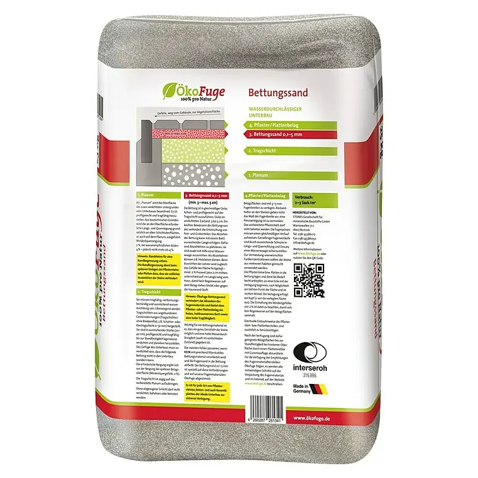 Ökofuge Bettungssand - 25 kg - Sack ÖkoFuge Bettungssand, ein wasserdurchlässiger Unterbau für Pflaster- und Plattenbeläge, ideal für eine sichere Verlegung im Garten.