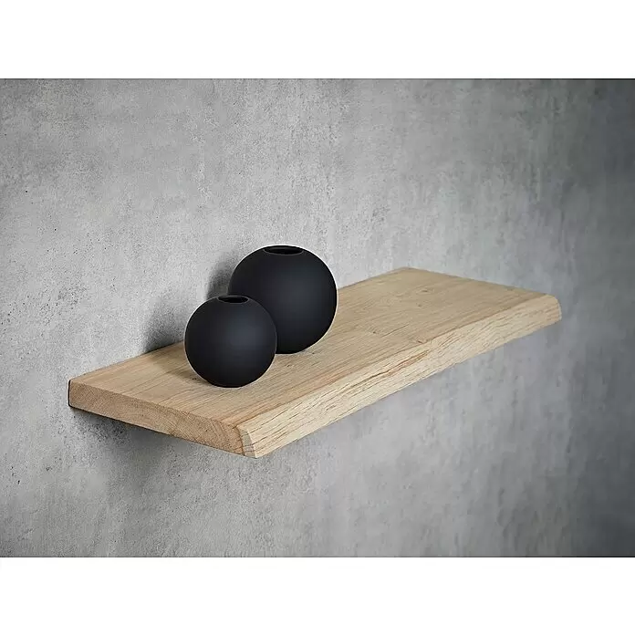 Dolle Wandboard Lite Nature - L x B x H: 60 x 20 x 2,5 cm, Holz - Zwei matte schwarze Kugelvasen auf einem hellen schwimmenden Holzregal.