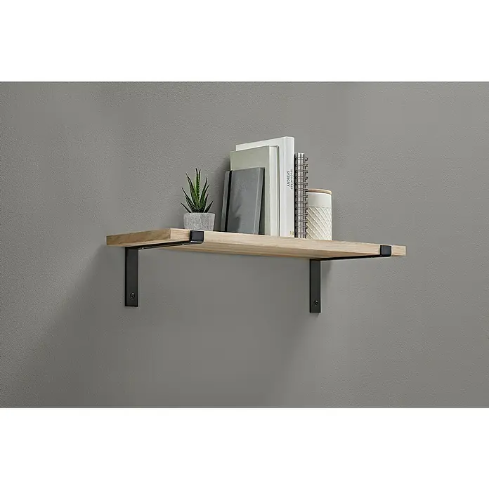 Dolle Wandregalhalter - L x B x H: 260 x 30 x 130 mm, Belastbarkeit: 10 kg, Stahl, Schwarz - Ein hölzernes Wandregal mit schwarzen Halterungen, dekoriert mit Büchern und einer kleinen Topfpflanze, präsentiert eine stilvolle Aufbewahrungslösung.
