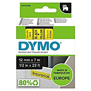 Dymo Cinta para etiquetado D1 (7 m x 12 mm, Color presión: Negro, Color cinta: Amarillo, Plástico)