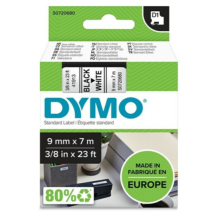 Dymo Cinta para etiquetado (7 m x 9 mm, Color presión: Negro, Color cinta: Blanco, Plástico)