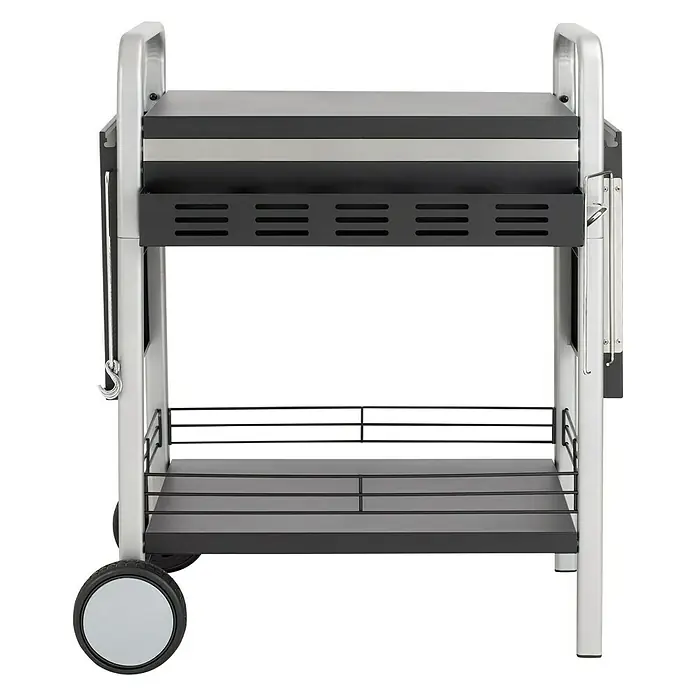 Tepro Untergestell Universal - L x B x H: 150,5 x 59,5 x 97,5 cm, Stahl - Aufnahme eines Grillwagens mit silbernem Rahmen und schwarzem Regal auf einem schwarzen Hintergrund.
