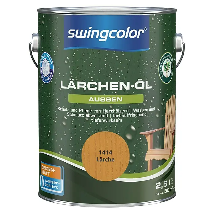 swingcolor Lärchen-Öl - Lärche, 2,5 l, Seidenmatt - Farbdose Swingcolor Lärchen-Öl für den Außenbereich. Schützt und pflegt Harthölzer, ist wasserabweisend und farbauffrischend. Inhalt: 2,5 Liter.