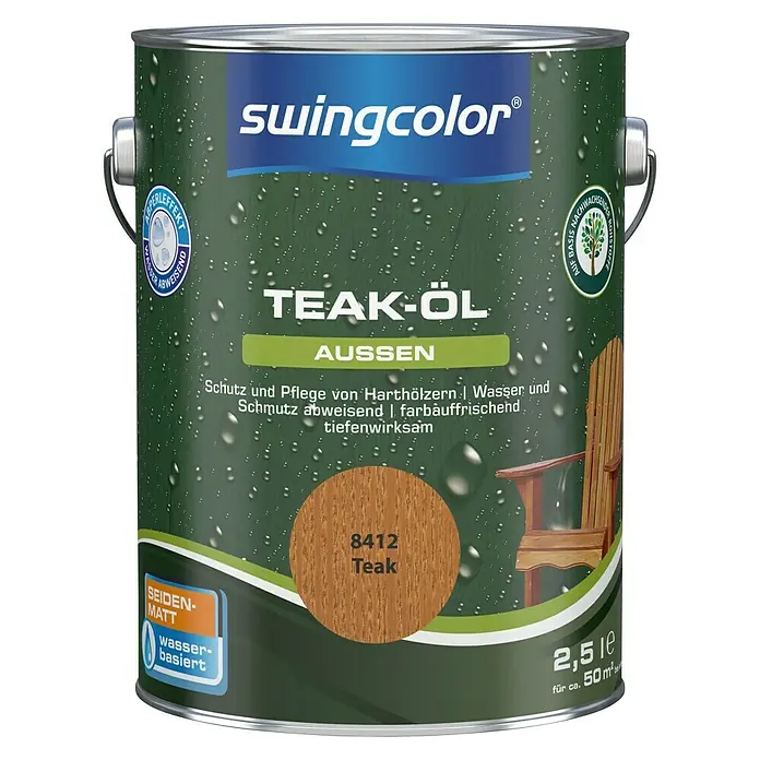 swingcolor Teak-Öl - Teak, 2,5 l, Seidenmatt - Dose Teak-Öl von Swingcolor für den Außenbereich, schützt und pflegt Harthölzer, wasserabweisend, farbauffrischend und tiefenwirksam.