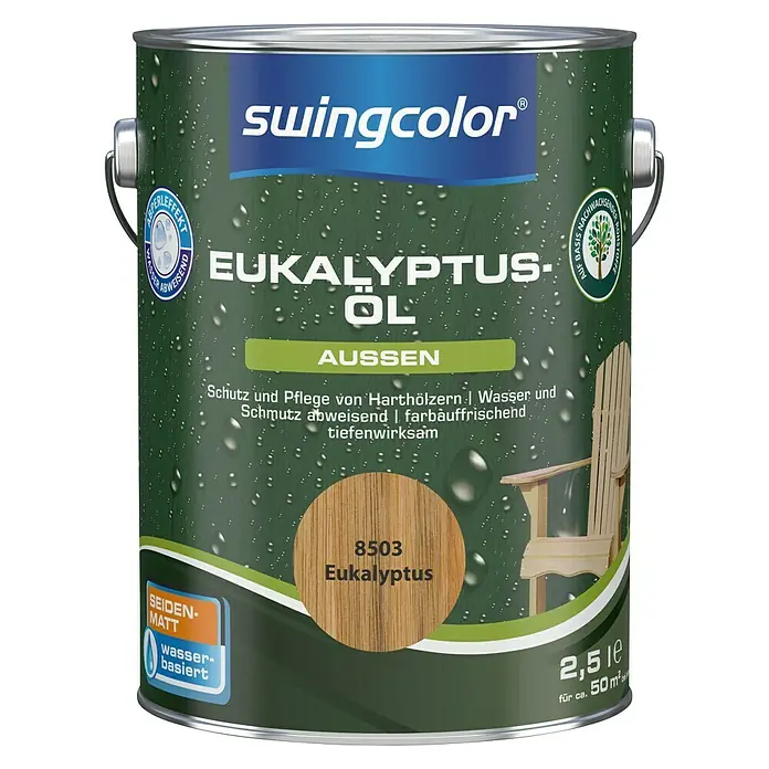 swingcolor Eukalyptus-Öl - Eukalyptus, 2,5 l, Seidenmatt - Dose Eukalyptusöl von Swingcolor für den Außenbereich, seidenmatt, wasserbasiert, 2,5 Liter für ca. 50m².