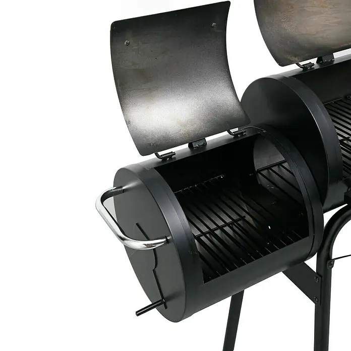 Tepro Smoker Wichita - Grillfläche (B x T): 54 x 30 cm - Ein schwarzer Smoker-Grill mit geöffneten Deckeln, der die Grillroste zeigt, ideal für Barbecue-Liebhaber.