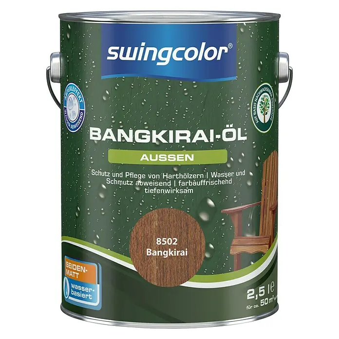 swingcolor Bangkirai-Öl - Bangkirai, 2,5 l, Seidenmatt - Dose Swingcolor Bangkirai-Öl für den Außenbereich, schützt und pflegt Harthölzer, wasserabweisend, farbauffrischend und tiefenwirksam, 2,5 Liter für ca. 50 m².