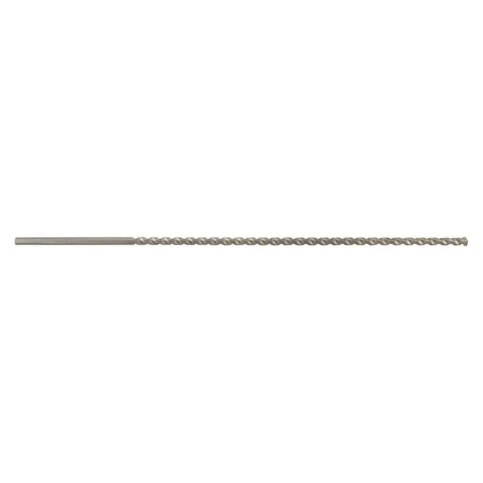 Wolfcraft Beton- & Steinbohrer Mauerdurchbruchsbohrer - Durchmesser Bohrer: 12 mm - Nahaufnahme eines langen, spiralförmigen Steinbohrers vor schwarzem Hintergrund, ideal für Bau- und Renovierungsarbeiten.