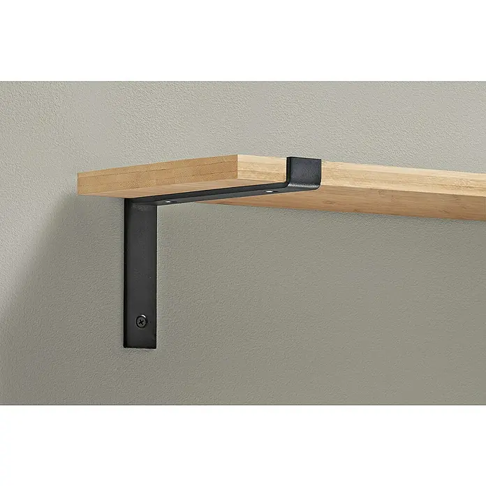 Dolle Wandregalhalter - L x B x H: 208 x 30 x 130 mm, Belastbarkeit: 10 kg, Stahl, Schwarz - Nahaufnahme eines Holzregals, das mit einer robusten schwarzen Metallhalterung an einer grauen Wand befestigt ist, minimalistisch und funktional.