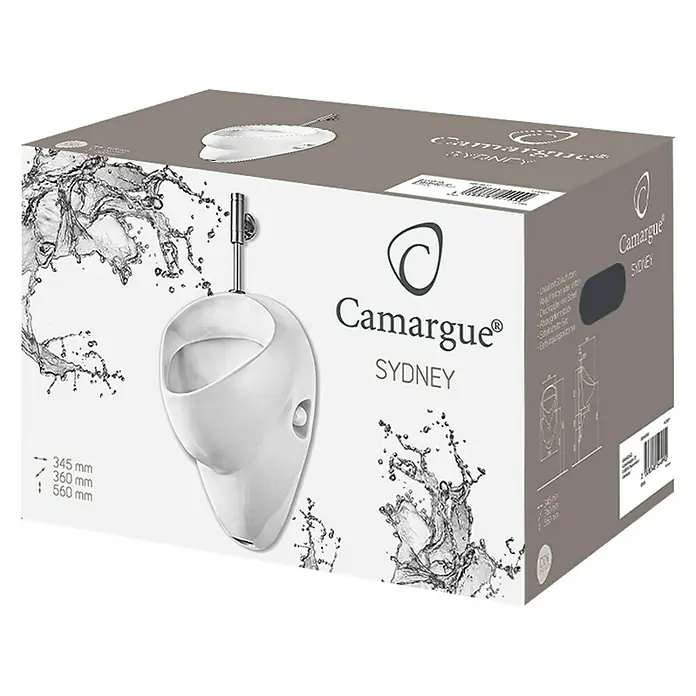 Camargue Sydney Urinal-Komplettset - Unbeschichtet, Zulauf: Oben, Farbe: Weiß - Produktverpackung für ein Camargue Sydney Urinal. Das Paket zeigt das Urinal, sein Design und die Abmessungen.