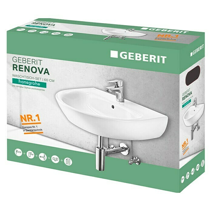 Geberit Renova Waschtisch-Set (60 x 48 cm, Ohne Spezialglasur, Hahnloch: Mitte, Mit Überlauf, Weiß) | BAUHAUS